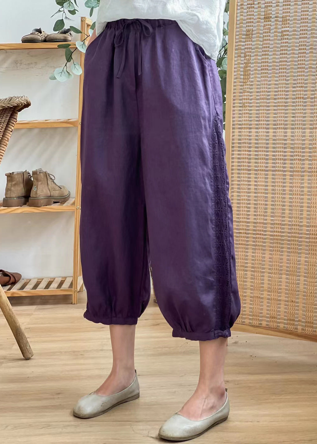 Linen Color Hollow Out Pockets Elastic Waist Harem Pants Summer Bv077