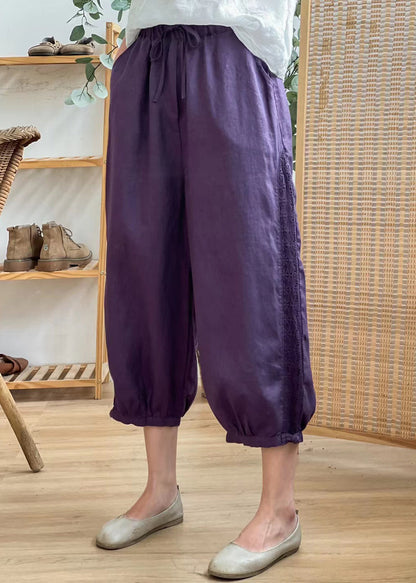 Linen Color Hollow Out Pockets Elastic Waist Harem Pants Summer Bv077