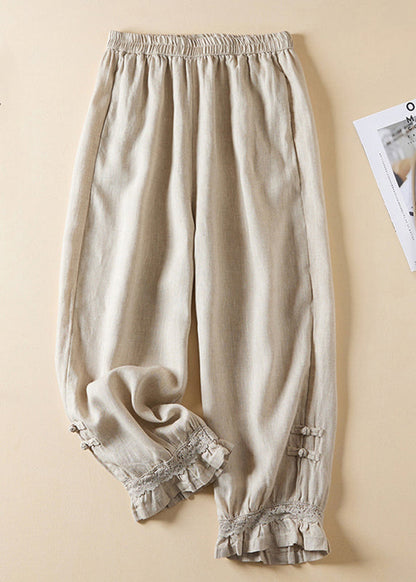 Linen Lace Button Elastic Waist Harem Pants Summer Am1065