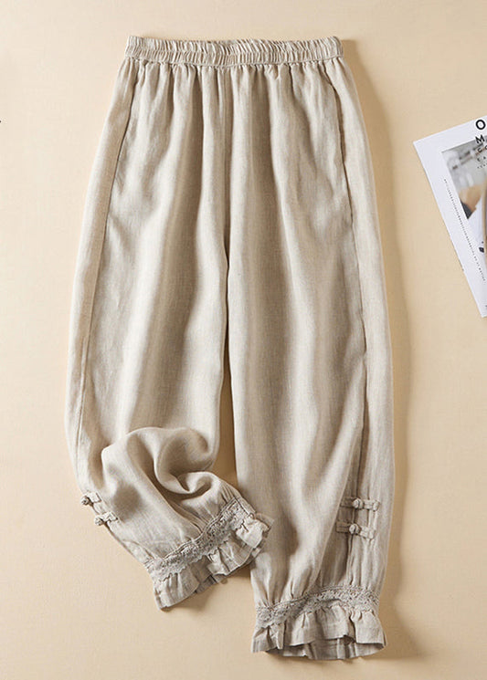 Linen Lace Button Elastic Waist Harem Pants Summer Am1065