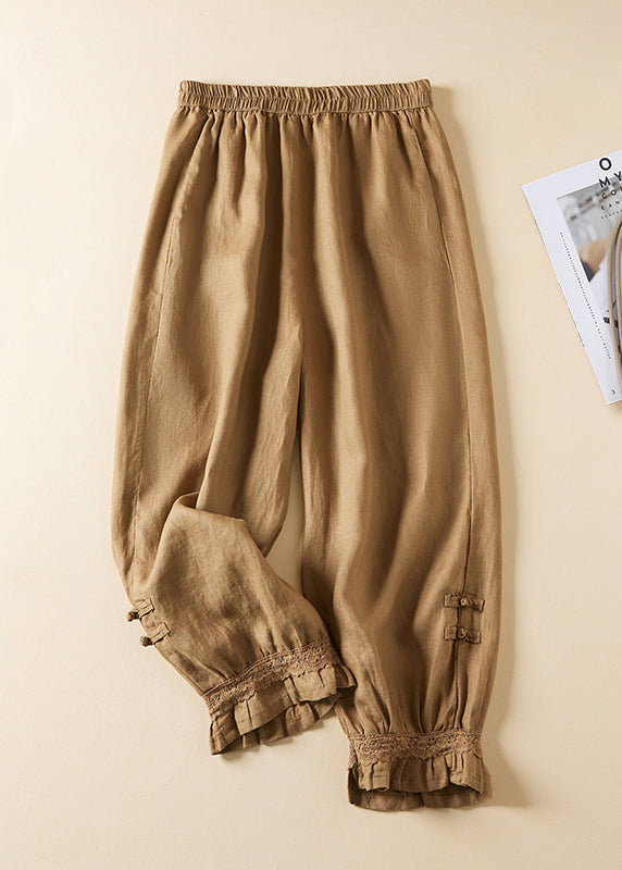 Linen Lace Button Elastic Waist Harem Pants Summer Am1065