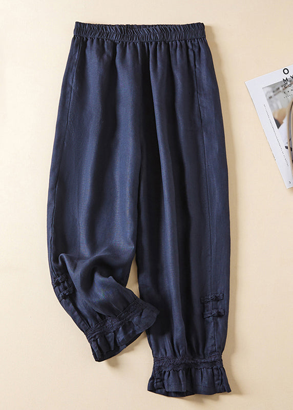 Linen Lace Button Elastic Waist Harem Pants Summer Am1065