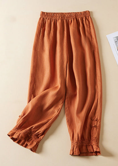 Linen Lace Button Elastic Waist Harem Pants Summer Am1065