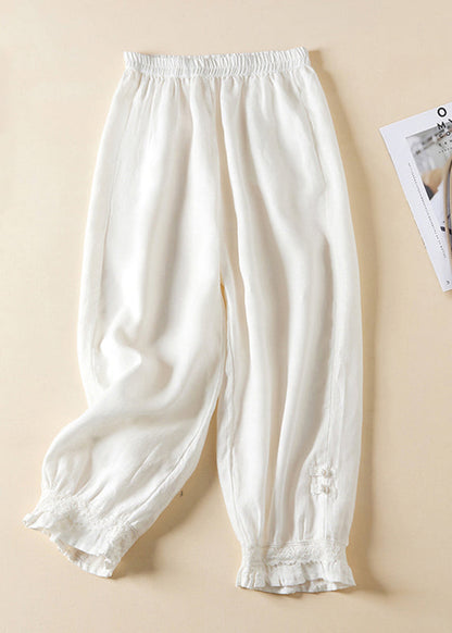 Linen Lace Button Elastic Waist Harem Pants Summer Am1065