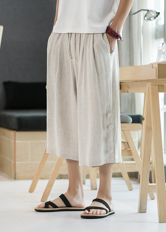Linen Pockets Button Elastic Waist Cotton Crop Pants Summer Sa054
