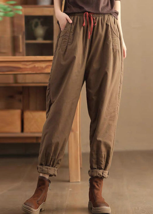 Loose Coffee Pockets Elastic Waist Fine Cotton Filled Pants Winter Th043
