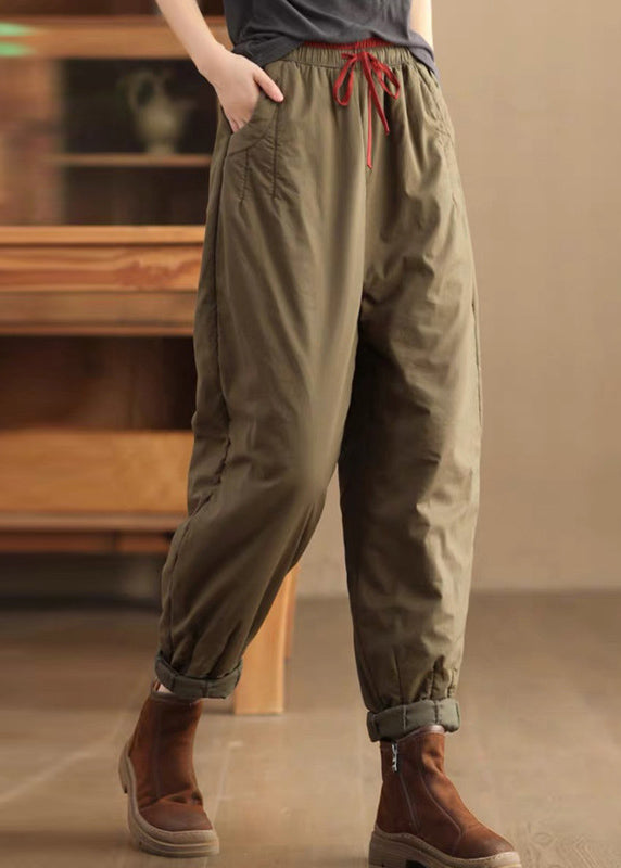 Loose Coffee Pockets Elastic Waist Fine Cotton Filled Pants Winter Th043
