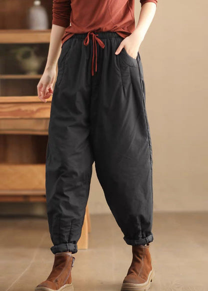 Loose Coffee Pockets Elastic Waist Fine Cotton Filled Pants Winter Th043
