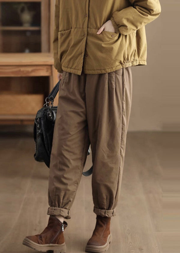 Loose Coffee Pockets Elastic Waist Fine Cotton Filled Pants Winter Th043