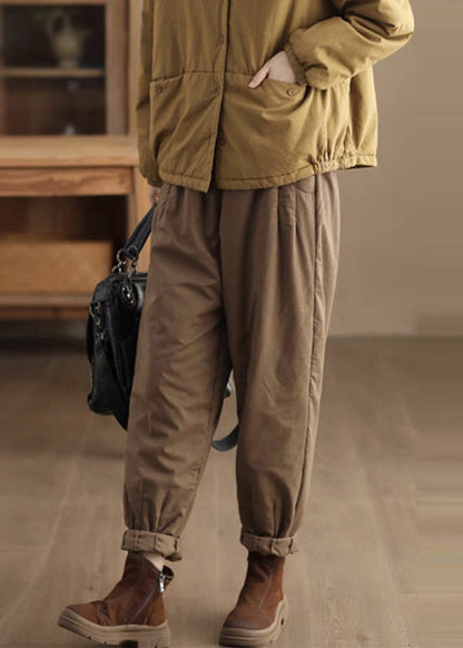 Loose Coffee Pockets Elastic Waist Fine Cotton Filled Pants Winter Th043