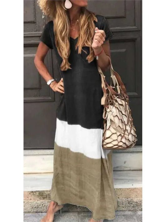 Loose Contrasting Colors Long Dresses Summer V-neck Short Sleeves Maxi Dress Female Commuting Vestidos New