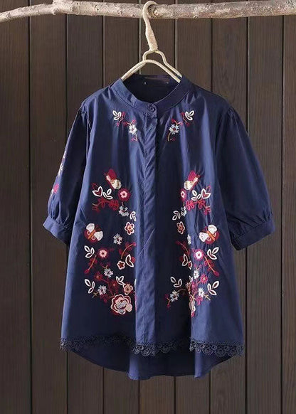 Navy Embroidered Low High Design Cotton Blouse Top Summer Ap008