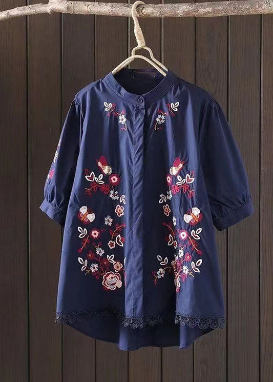 Navy Embroidered Low High Design Cotton Blouse Top Summer Ap008