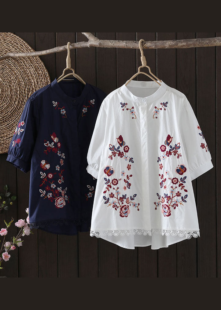Navy Embroidered Low High Design Cotton Blouse Top Summer Ap008