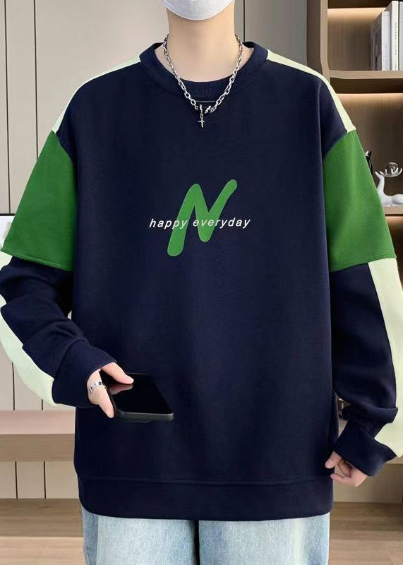 Navy O Neck Patchwork Warm Fleece Sweatshirts Winter Rp061