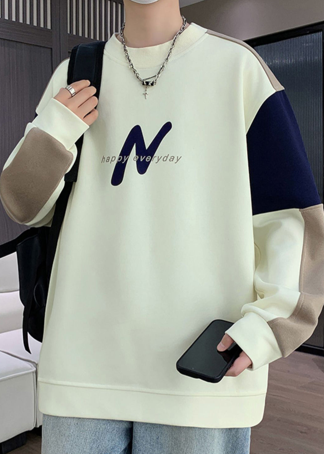 Navy O Neck Patchwork Warm Fleece Sweatshirts Winter Rp061