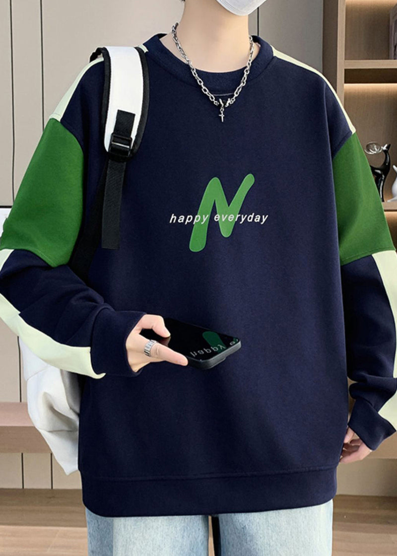 Navy O Neck Patchwork Warm Fleece Sweatshirts Winter Rp061