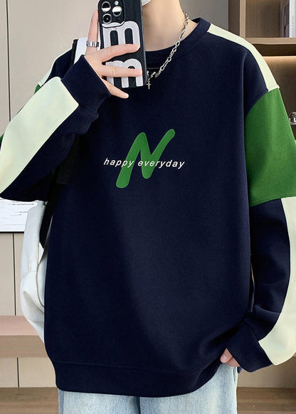 Navy O Neck Patchwork Warm Fleece Sweatshirts Winter Rp061