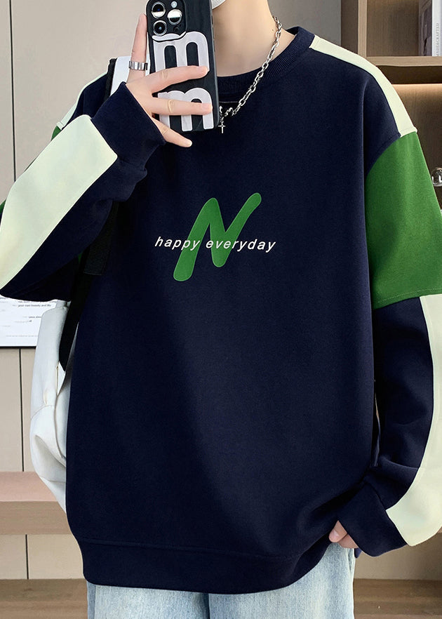 Navy O Neck Patchwork Warm Fleece Sweatshirts Winter Rp061