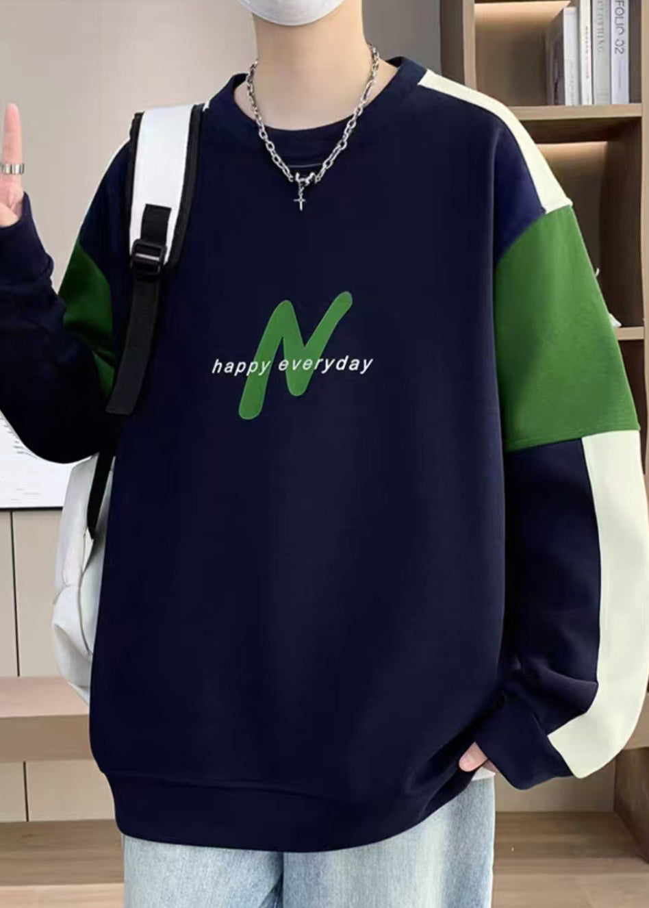 Navy O Neck Patchwork Warm Fleece Sweatshirts Winter Rp061