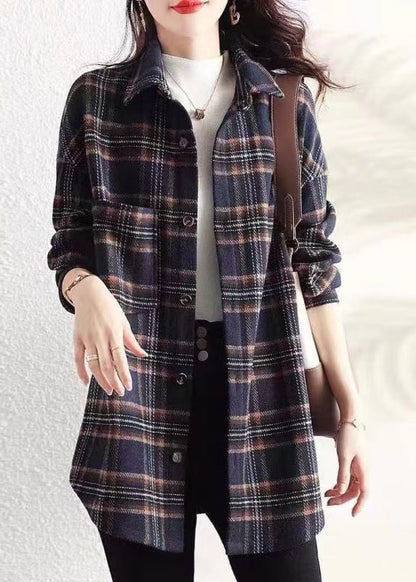 Navy Peter Pan Collar Plaid Cotton Shirt Coats Spring Ti034