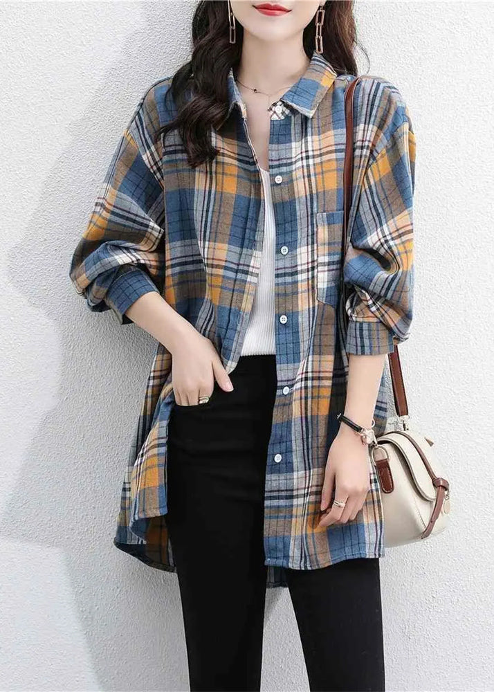Navy Peter Pan Collar Plaid Cotton Shirt Coats Spring Ti034