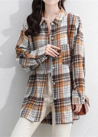 Navy Peter Pan Collar Plaid Cotton Shirt Coats Spring Ti034