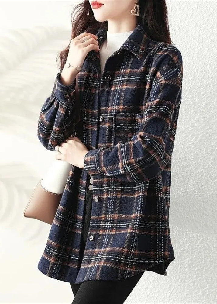 Navy Peter Pan Collar Plaid Cotton Shirt Coats Spring Ti034
