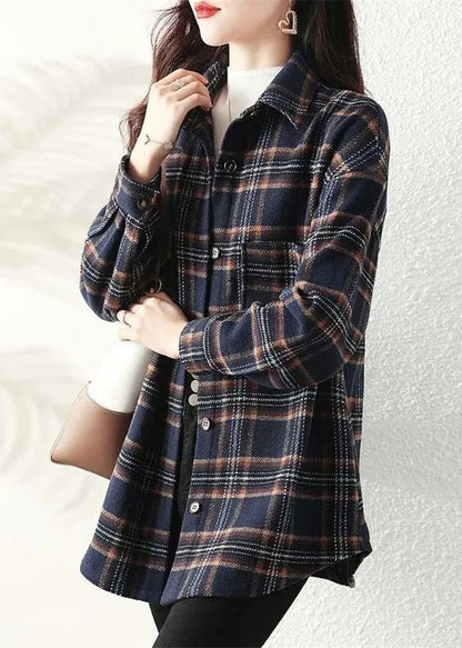 Navy Peter Pan Collar Plaid Cotton Shirt Coats Spring Ti034