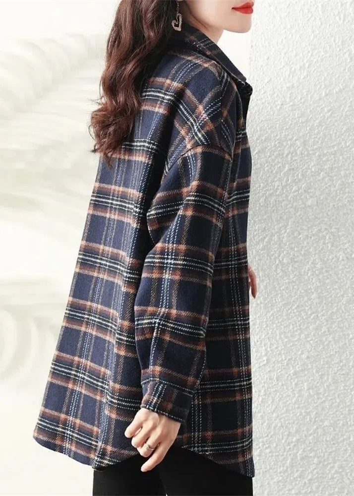Navy Peter Pan Collar Plaid Cotton Shirt Coats Spring Ti034
