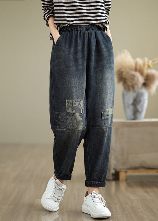 Navy Pockets Applique Elastic Waist Denim Pants Fall Qo079