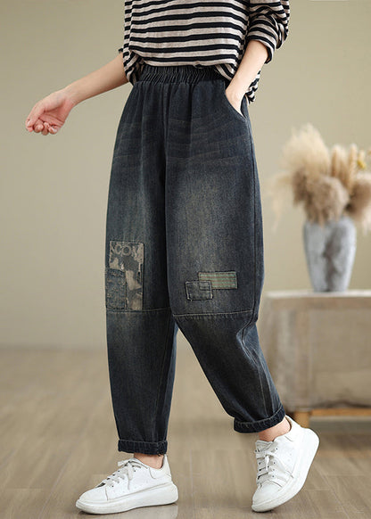 Navy Pockets Applique Elastic Waist Denim Pants Fall Qo079