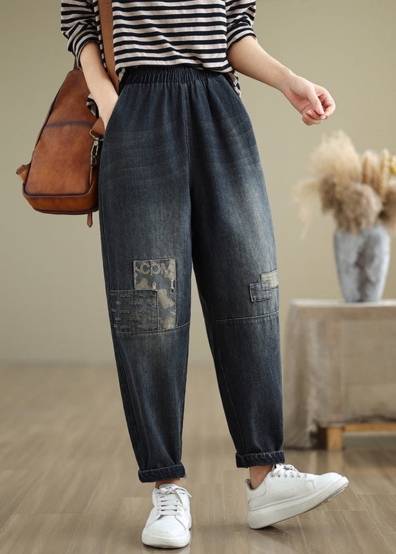 Navy Pockets Applique Elastic Waist Denim Pants Fall Qo079