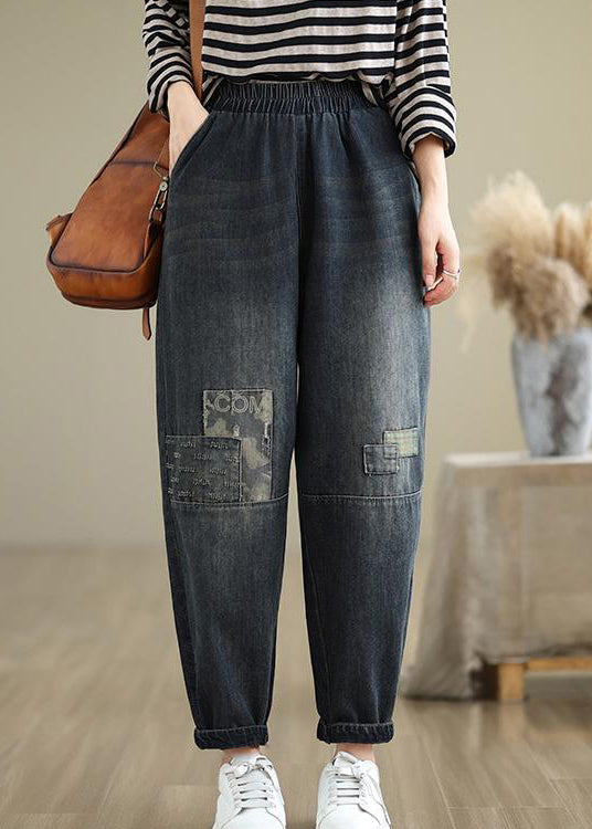 Navy Pockets Applique Elastic Waist Denim Pants Fall Qo079