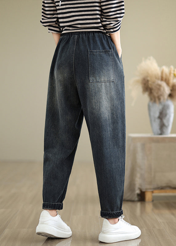Navy Pockets Applique Elastic Waist Denim Pants Fall Qo079