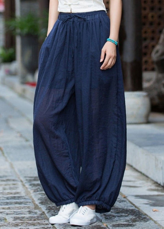Navy Pockets Elastic Waist Cotton Lantern Pants Summer Qk013
