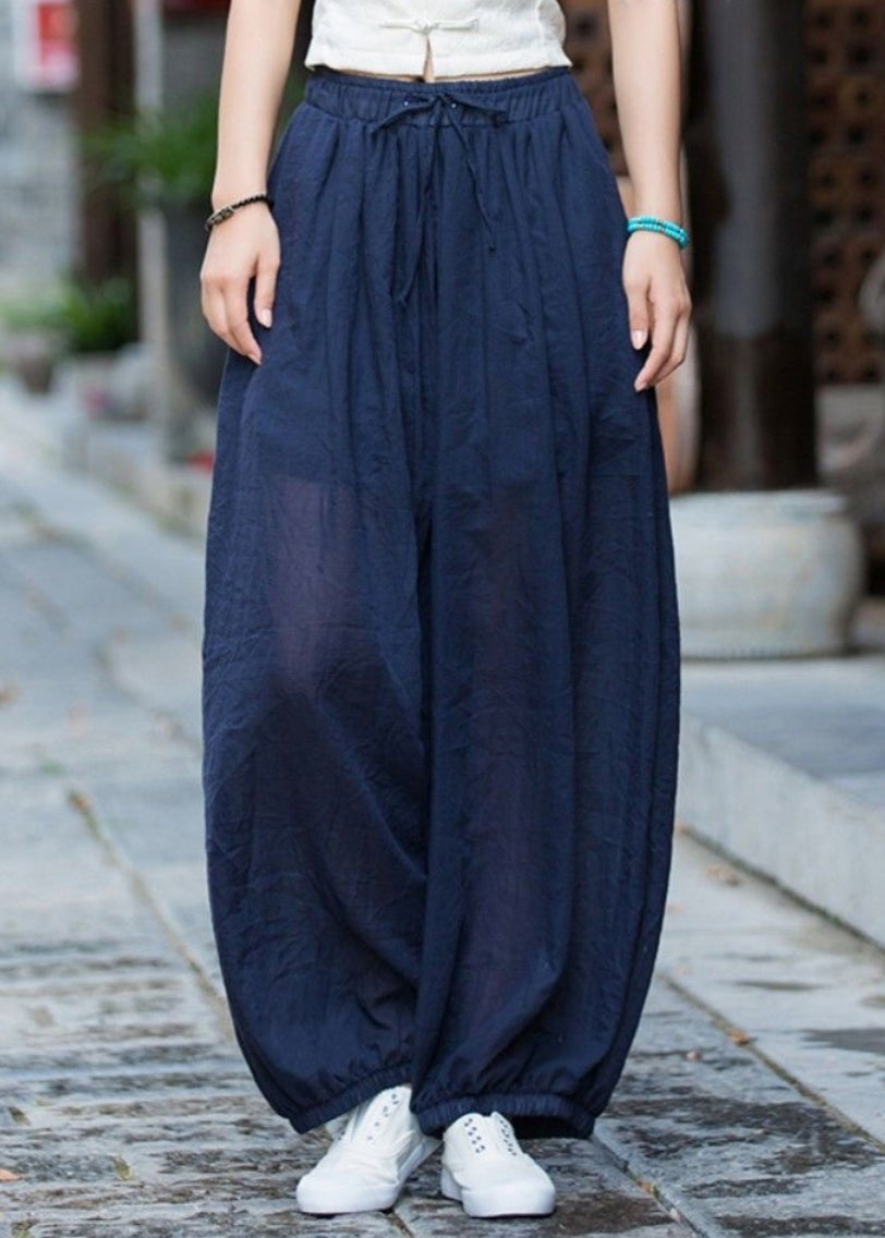 Navy Pockets Elastic Waist Cotton Lantern Pants Summer Qk013