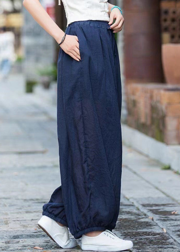 Navy Pockets Elastic Waist Cotton Lantern Pants Summer Qk013