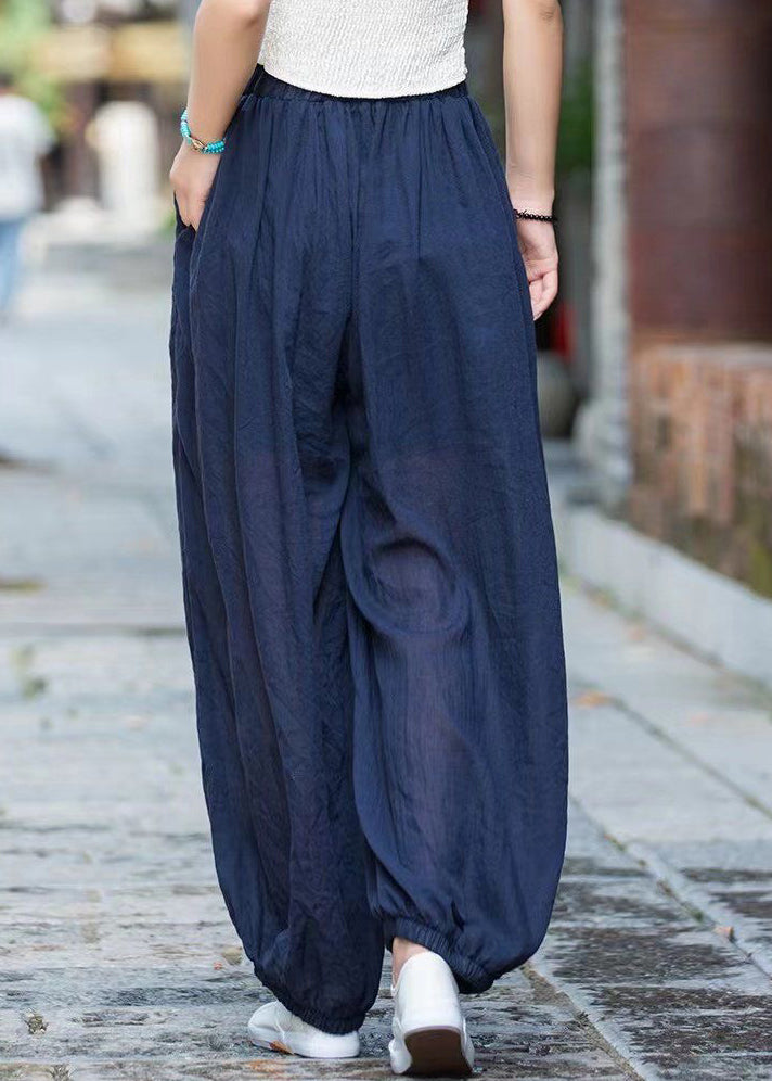 Navy Pockets Elastic Waist Cotton Lantern Pants Summer Qk013