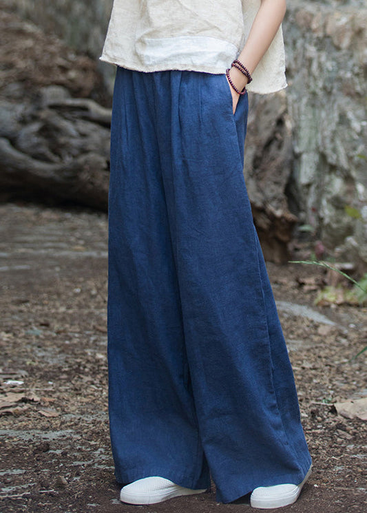 Navy Pockets Elastic Waist Linen Wide Leg Pants Summer Lk017