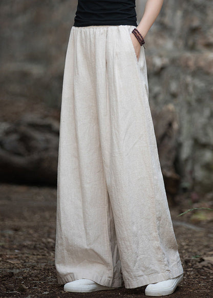 Navy Pockets Elastic Waist Linen Wide Leg Pants Summer Lk017