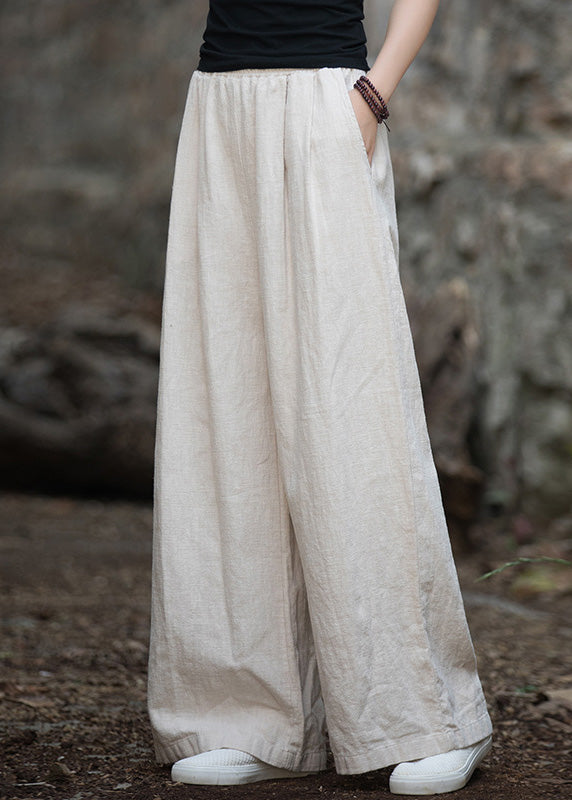 Navy Pockets Elastic Waist Linen Wide Leg Pants Summer Lk017