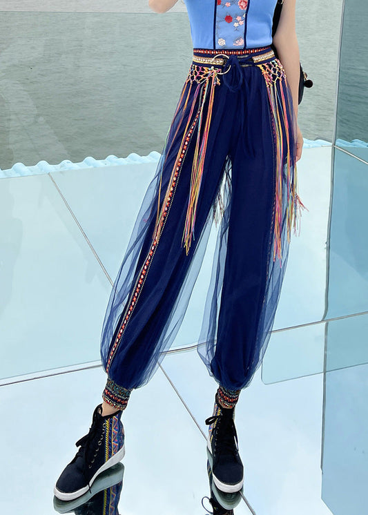 Navy Print Embroideried Elastic Tulle Beam Pants Summer Ly0195