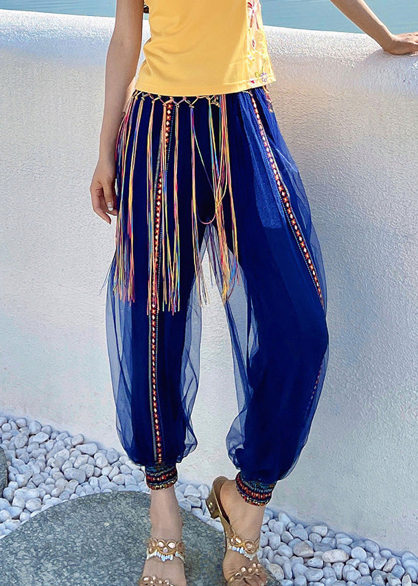 Navy Print Embroideried Elastic Tulle Beam Pants Summer Ly0195