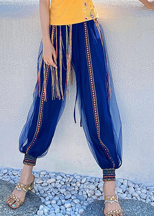 Navy Print Embroideried Elastic Tulle Beam Pants Summer Ly0195