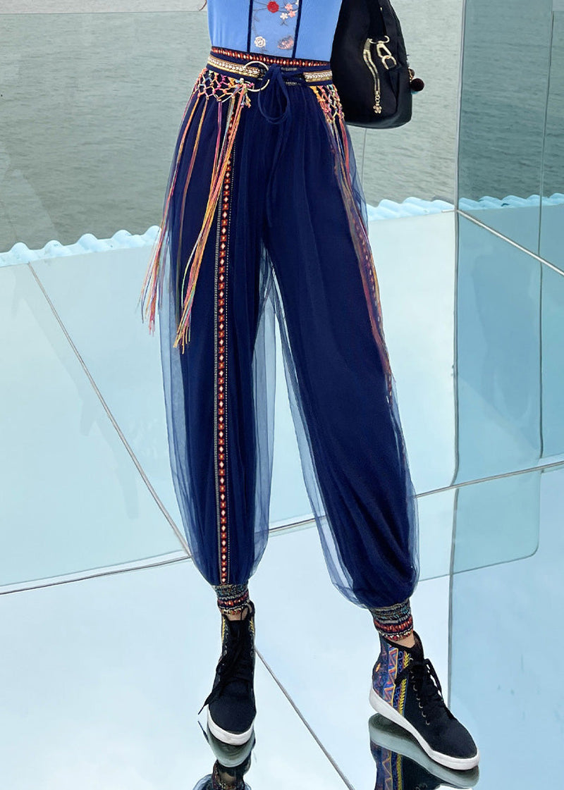 Navy Print Embroideried Elastic Tulle Beam Pants Summer Ly0195