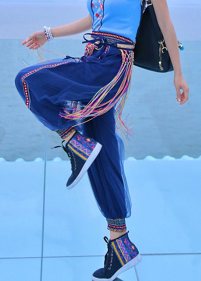 Navy Print Embroideried Elastic Tulle Beam Pants Summer Ly0195