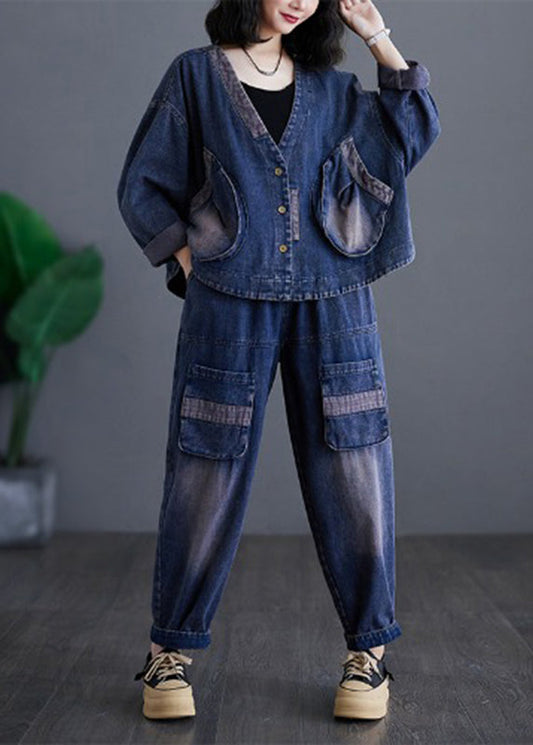 Navy V Neck Patchwork Denim Coats and Harem Pants Two Pieces Sets Long Sleeve Ap032