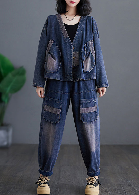 Navy V Neck Patchwork Denim Coats and Harem Pants Two Pieces Sets Long Sleeve Ap032