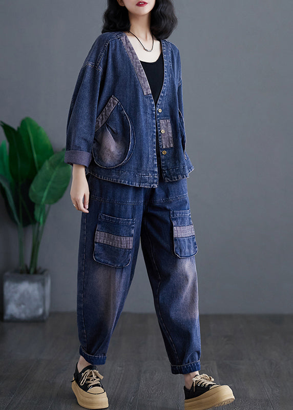 Navy V Neck Patchwork Denim Coats and Harem Pants Two Pieces Sets Long Sleeve Ap032